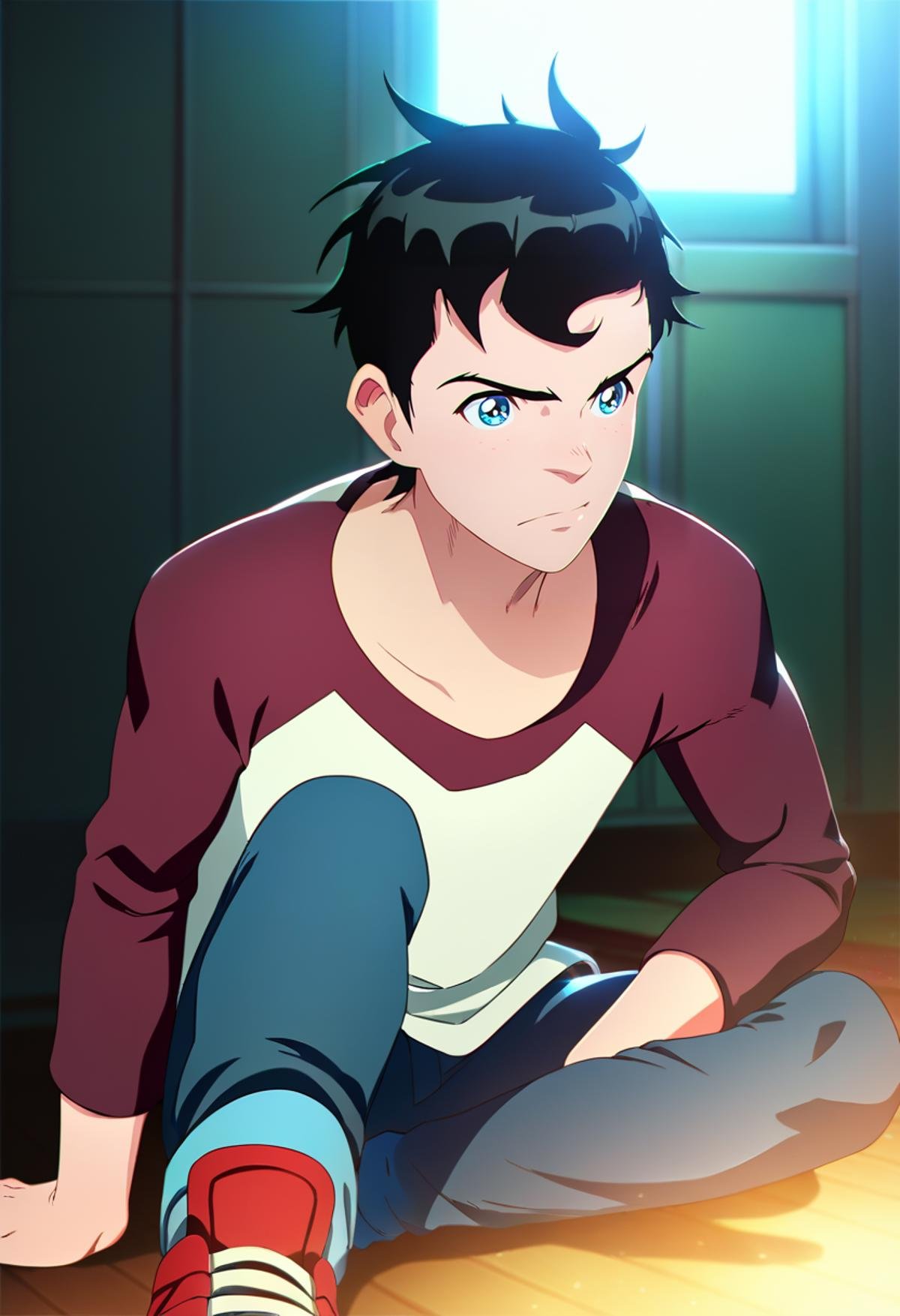 score_9, score_8_up, score_7_up, source_anime, masterpiece, best quality,detailed,intricate details, amazing quality, best aesthetic, absurdres, jon kent, black hair, blue eyes, raglan sleeves, red shirt, blue pants, red shoes<lora:EMS-387969-EMS:1.000000>