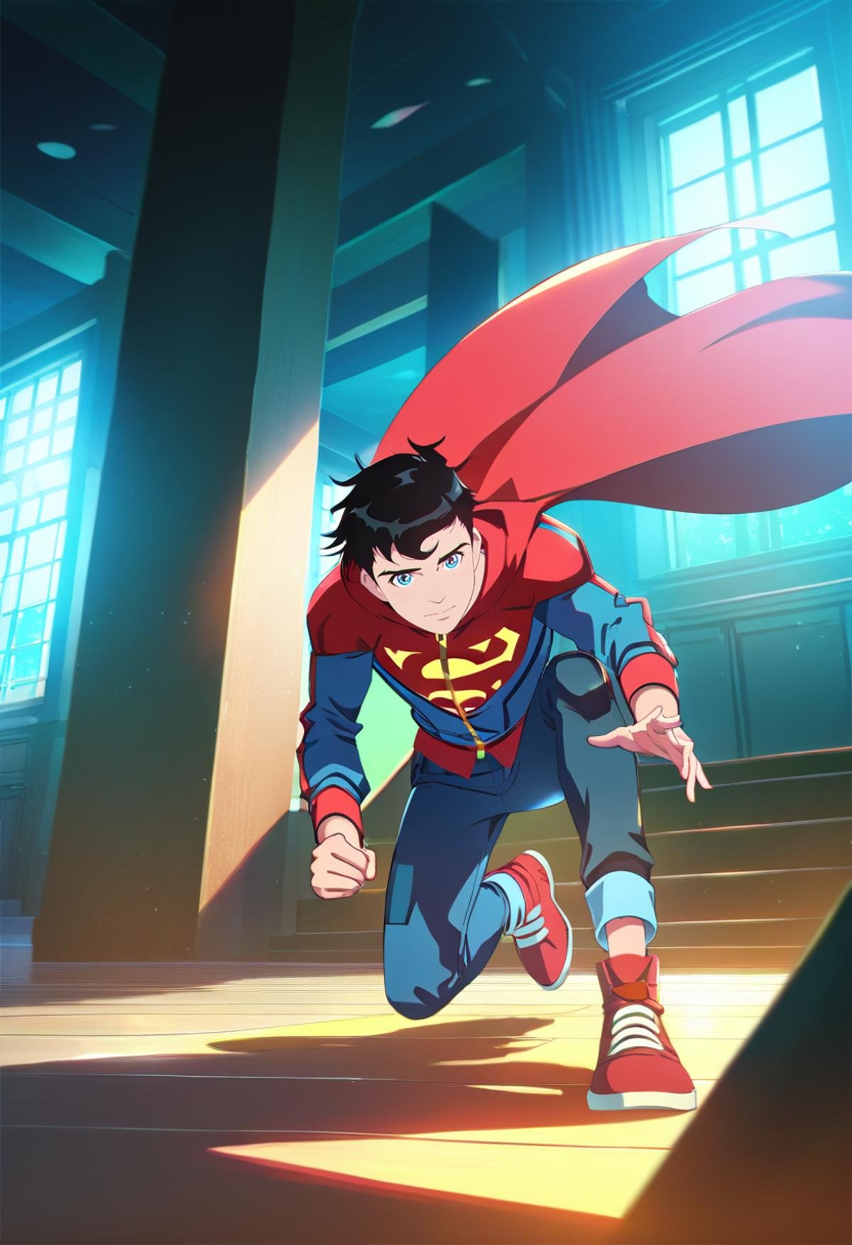 score_9, score_8_up, score_7_up, source_anime, masterpiece, best quality,detailed,intricate details, amazing quality, best aesthetic, absurdres, superboy, black hair, blue eyes, blue jacket, red cape, blue pants, red shoes<lora:EMS-387969-EMS:1.000000>