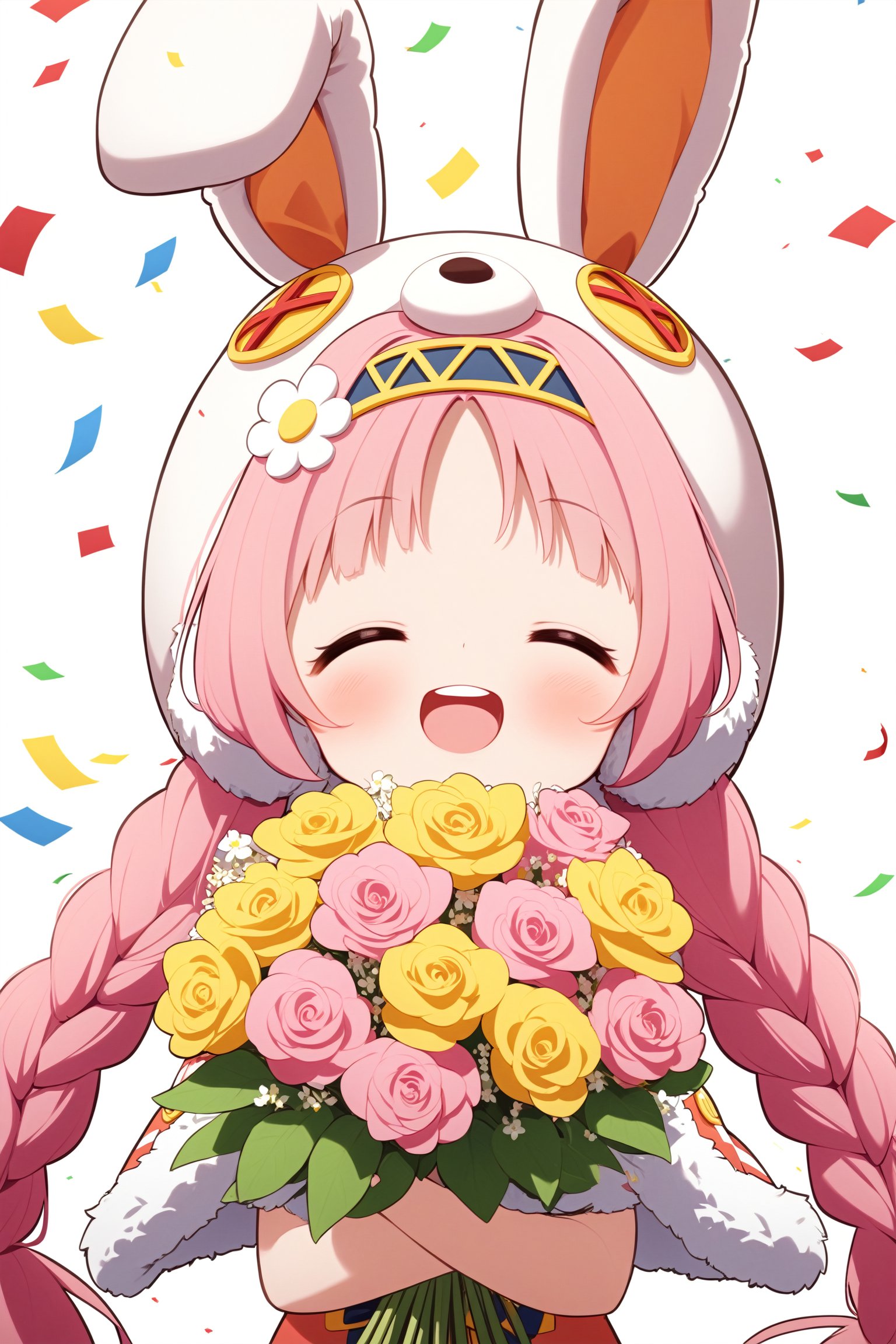 1girl, solo, long hair, blush, smile, open mouth, bangs, hair ornament, hat, white background, holding, animal ears, twintails, closed eyes, upper body, pink hair, braid, flower, :d, hairband, teeth, hair flower, rabbit ears, twin braids, parted bangs, fur trim, fake animal ears, ^ ^, rose, low twintails, upper teeth only, white flower, facing viewer, pink flower, bouquet, pink headwear, white rose, rabbit hair ornament, holding bouquet, animal hat, fur-trimmed capelet, button eyes, pink capelet, bunny hat, confetti