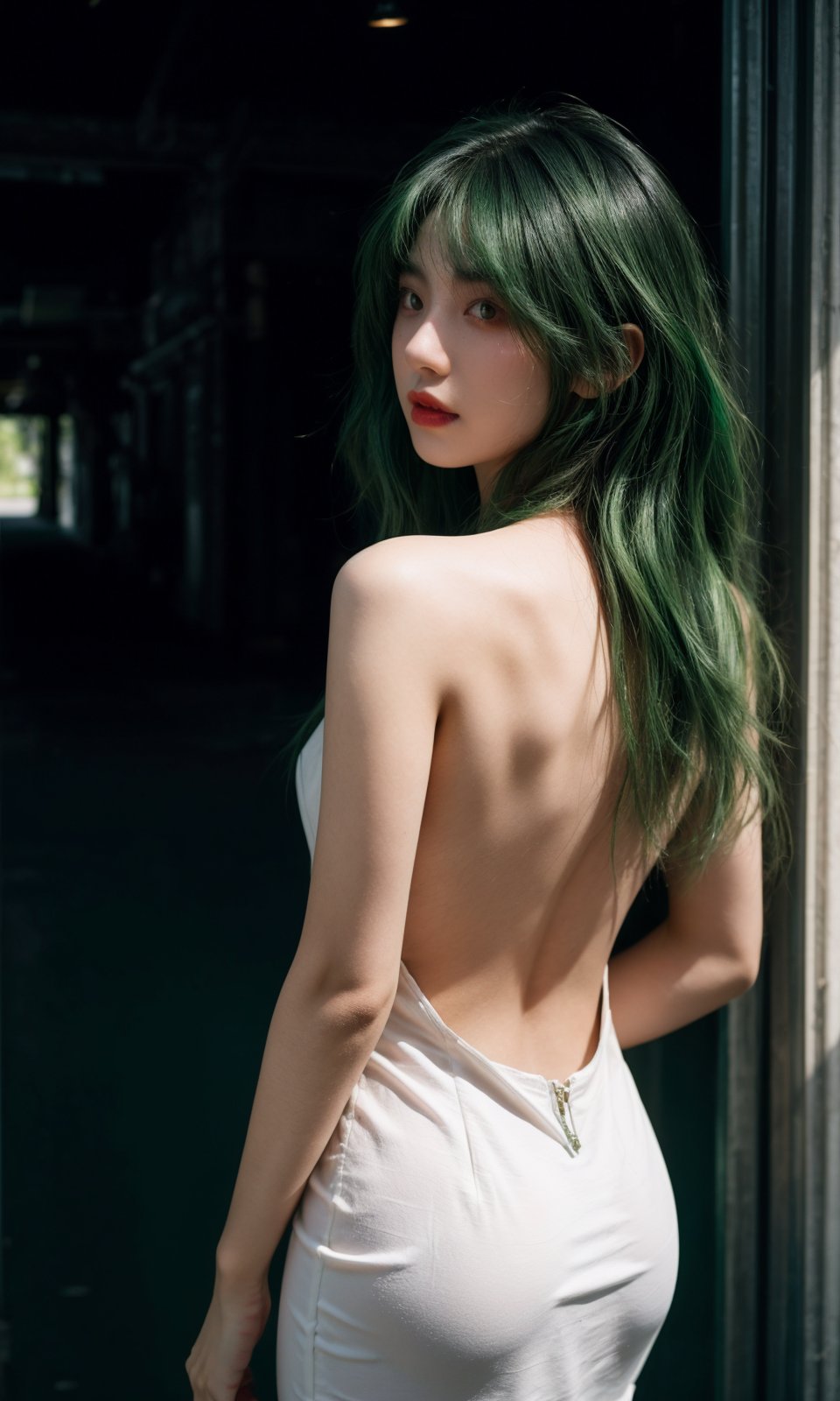 ultra wide field, ultra dynamic lighting amazing shadows, Deep photo,depth of field,shadows, hubggirl, messy hair,dark,dark photo,grainy,dimly lit,green hair,white backless_dress,