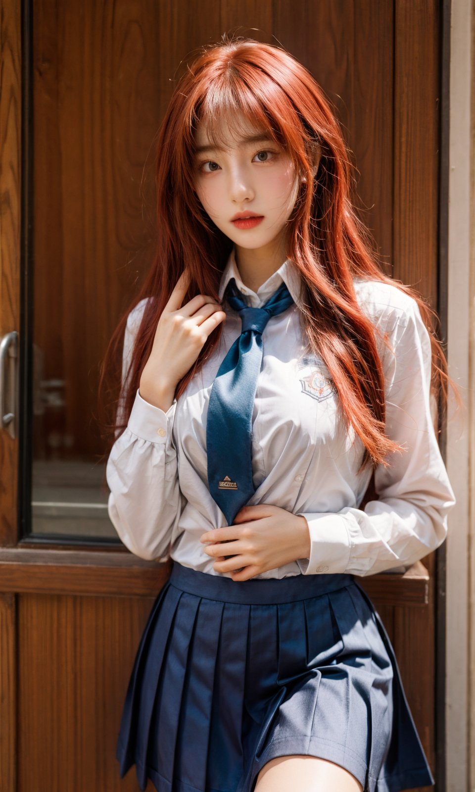 1girl, red hair, hand on own chest, school uniform,