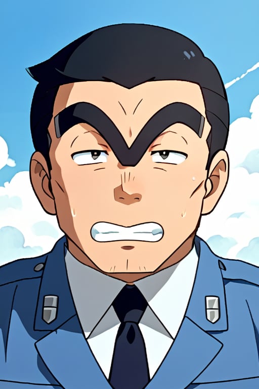 1boy, Ryōtsu_Kankichi (Kochikame), solo, 
unibrow, thick Eyebrow,short hair, black hair,
black eyes,
short body, wide body, broad shoulders, 

mature man,
police_uniform,roll up sleeves,
short sleeves,

white_background,
full-body picture , loaferst,looking atviewer,
masterpiece,score_9,score_8_up, score_7_up,