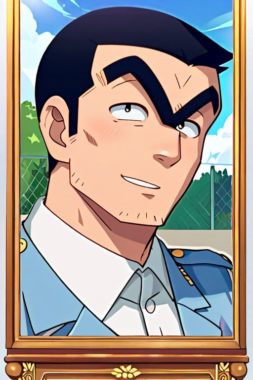 1boy, Ryōtsu_Kankichi (Kochikame), solo, 
unibrow, thick Eyebrow,short hair, black hair,
black eyes,
short body, wide body, broad shoulders, 

mature man,
police_uniform,roll up sleeves,


full-body picture , :d, loaferst, , looking at viewer,masterpiece,score_9,score_8_up, score_7_up,score_6_up, score_5_up,anime,source_anime