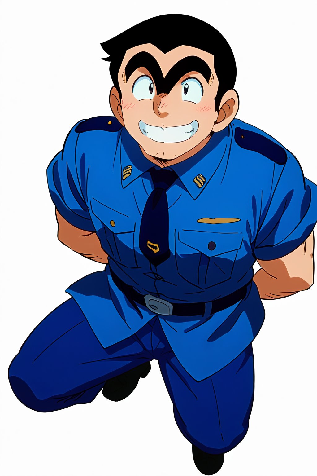 
1boy, Ryōtsu_Kankichi (Kochikame), solo, 
unibrow, thick Eyebrow,short hair, black hair,
black eyes,
short body, wide body, broad shoulders, 

mature man,
police_uniform,roll up sleeves,
short sleeves,

smile,

white_background,
full-body picture , loaferst,looking atviewer,
masterpiece,score_9,score_8_up, score_7_up,