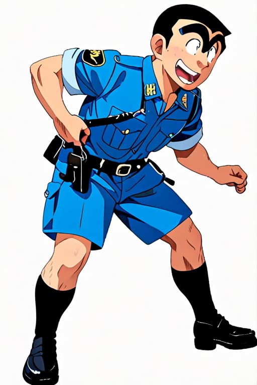 
1boy, Ryōtsu_Kankichi (Kochikame), solo, 
unibrow, thick Eyebrow,short hair, black hair,
black eyes,
short body, wide body, broad shoulders, 

mature man,
police_uniform,roll up sleeves,
short sleeves,

smile,

white_background,
full-body picture , loaferst,looking atviewer,
masterpiece,score_9,score_8_up, score_7_up,