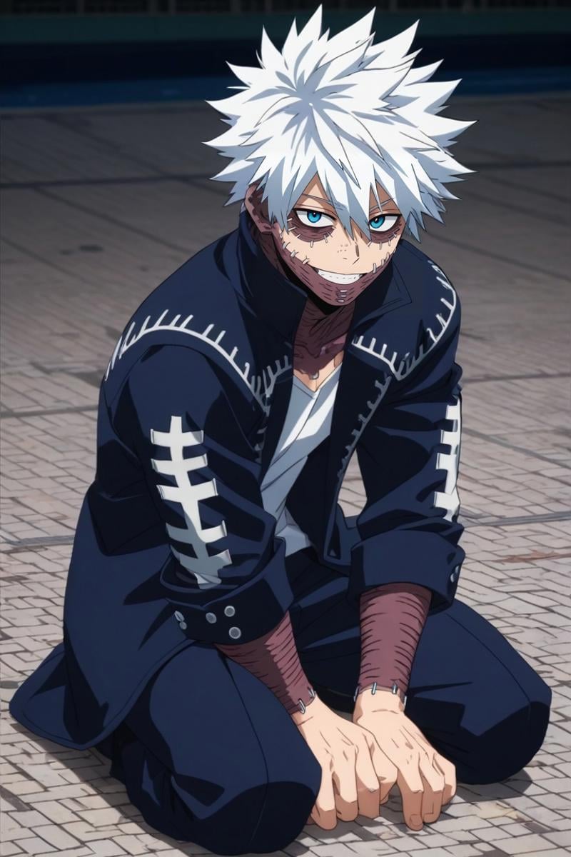 score_9, score_8_up, score_7_up, source_anime, rating_safe, intricate details, (realistic:0.6), , , 1boy, solo, male focus, <lora:dabi_bnha_pony:0.78>, dabi_bnha, white hair, blue eyes, short hair, spiked hair, hair between eyes, bangs, scar, burn scar, scar on face, piercing, stitches, messy hair, teeth, smile, , straight-on, full body, pool, dusk, kneeling, laughing, , <lora:sdxl_lightning_8step_lora:1>