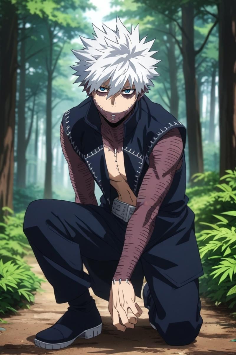 score_9, score_8_up, score_7_up, source_anime, rating_safe, intricate details, , looking at viewer, depth of field, 1boy, solo, male focus, <lora:dabi_bnha_pony:0.84>, dabi_bnha, white hair, blue eyes, short hair, spiked hair, hair between eyes, bangs, scar, burn scar, scar on face, piercing, stitches, , , , straight-on, full body, forest, midnight, leaning forward, naughty smile, , <lora:sdxl_lightning_8step_lora:1>