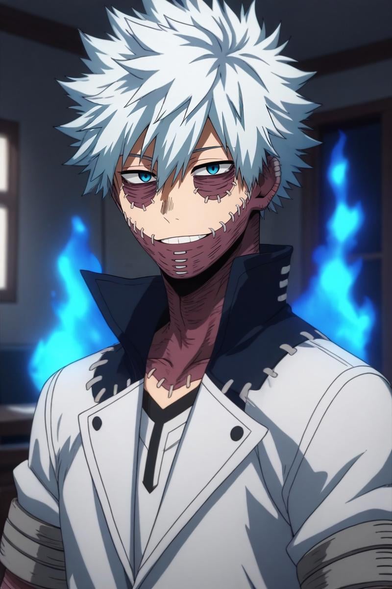 score_9, score_8_up, score_7_up, source_anime, rating_safe, intricate details, (3d:0.4), looking at viewer, depth of field, 1boy, solo, male focus, <lora:dabi_bnha_pony:0.96>, dabi_bnha, white hair, blue eyes, short hair, spiked hair, hair between eyes, bangs, scar, burn scar, scar on face, piercing, stitches, messy hair, teeth, smile, blue fire, straight-on, cold, ice, indoors, light, arm at side, tearing up, , beanie, <lora:sdxl_lightning_8step_lora:1>