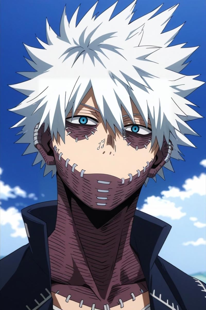 score_9, score_8_up, score_7_up, source_anime, rating_safe, , semi-realistic, looking at viewer, depth of field, 1boy, solo, male focus, <lora:dabi_bnha_pony:0.88>, dabi_bnha, white hair, blue eyes, short hair, spiked hair, hair between eyes, bangs, scar, burn scar, scar on face, piercing, stitches, messy hair, , , asymmetrical, pyramid, day, clouds, holding object, :D, , <lora:sdxl_lightning_8step_lora:1>