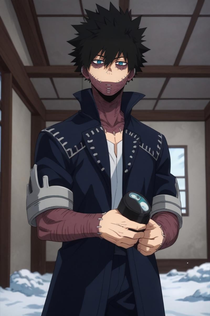 score_9, score_8_up, score_7_up, source_anime, rating_safe, , , looking at viewer, , 1boy, solo, male focus, <lora:dabi_bnha_pony:0.92>, dabi_bnha, black hair, blue eyes, short hair, spiked hair, hair between eyes, bangs, scar, burn scar, scar on face, piercing, stitches, , , , from below, snowy field, indoors, dark, holding object, speaking, talking, , <lora:sdxl_lightning_8step_lora:1>