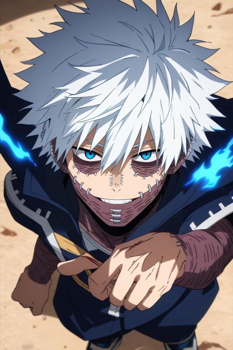 score_9, score_8_up, score_7_up, source_anime, rating_safe, , (photorealistic:0.6), looking at viewer, , 1boy, solo, male focus, <lora:dabi_bnha_pony:0.78>, dabi_bnha, white hair, blue eyes, short hair, spiked hair, hair between eyes, bangs, scar, burn scar, scar on face, piercing, stitches, messy hair, teeth, smile, blue fire, from above, full body, space, stars, day, victory pose, skin fang, , flat cap, <lora:sdxl_lightning_8step_lora:1>