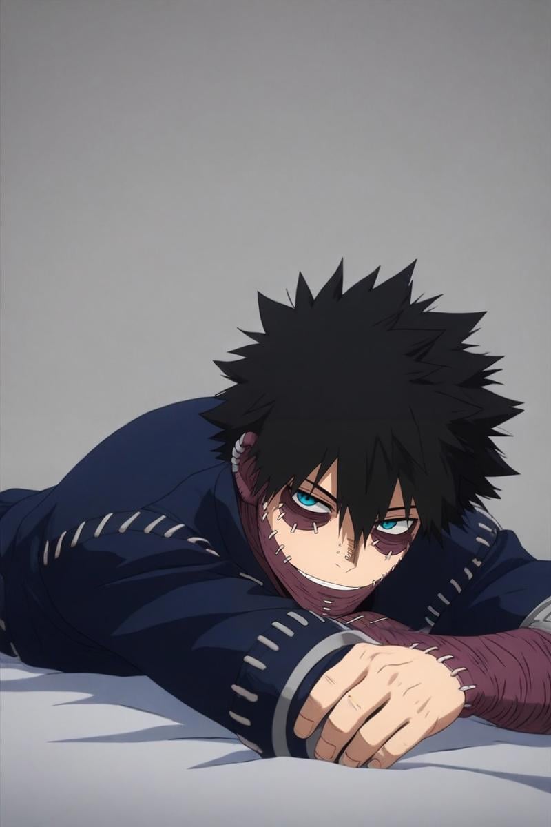 score_9, score_8_up, score_7_up, source_anime, rating_safe, intricate details, (3d:0.4), , , 1boy, solo, male focus, <lora:dabi_bnha_pony:0.74>, dabi_bnha, black hair, blue eyes, short hair, spiked hair, hair between eyes, bangs, scar, burn scar, scar on face, piercing, stitches, messy hair, teeth, smile, blue fire, profile, ayers rock, midnight, lying, on stomach, smirk, , <lora:sdxl_lightning_8step_lora:1>