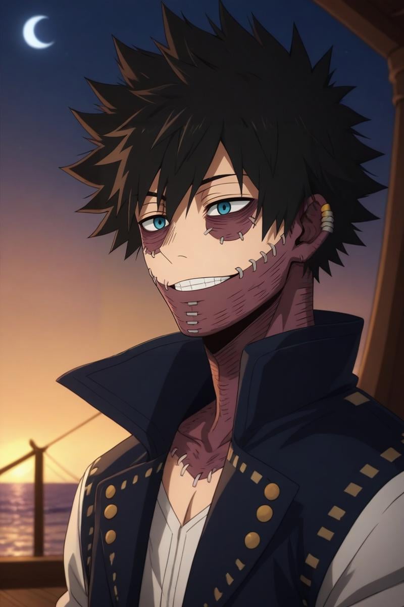 score_9, score_8_up, score_7_up, source_anime, rating_safe, intricate details, (photorealistic:0.6), , depth of field, 1boy, solo, male focus, <lora:dabi_bnha_pony:0.86>, dabi_bnha, black hair, blue eyes, short hair, spiked hair, hair between eyes, bangs, scar, burn scar, scar on face, piercing, stitches, messy hair, teeth, smile, , focused, pirate ship, night, crescent moon, the pose, relaxed, candy costume, <lora:sdxl_lightning_8step_lora:1>