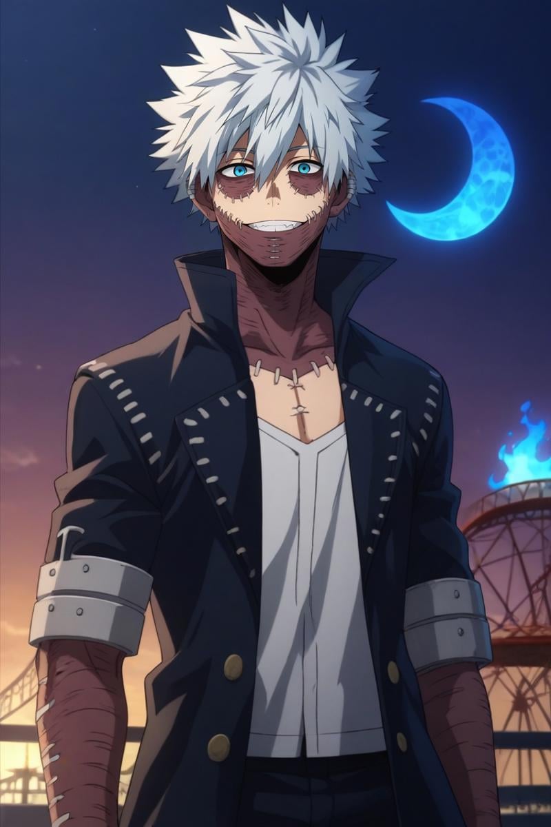 score_9, score_8_up, score_7_up, source_anime, rating_safe, , , looking at viewer, depth of field, 1boy, solo, male focus, <lora:dabi_bnha_pony:0.8>, dabi_bnha, white hair, blue eyes, short hair, spiked hair, hair between eyes, bangs, scar, burn scar, scar on face, piercing, stitches, , teeth, smile, blue fire, wide angle, wide shot, cowboy shot, amusement park, carousel, ferris wheel, night, crescent moon, (pose), happy, , <lora:sdxl_lightning_8step_lora:1>