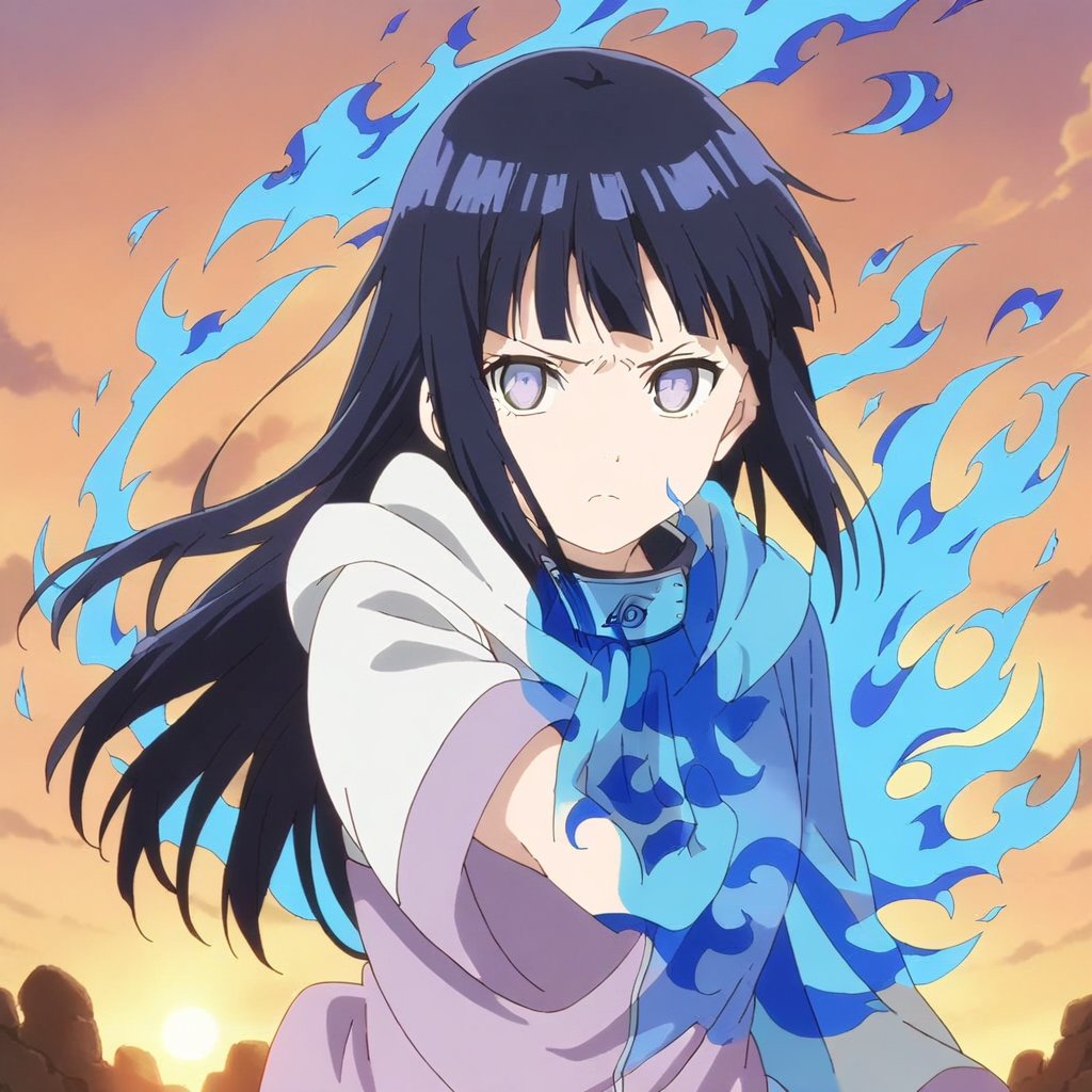 1girl,solo,frown,closed mouth,Hinata Hyuga,focus girl,looking at viewer,long hair,blunt bangs,dark blue hair,light eyes,forehead protector,konohagakure symbol,purple and white hooded jacket,outstretched arm,medium shot:1.2,blue energy,aura,juho shoshiken jutsu,blue energy in hands,blue fire,blue fire in hands,sunday,sunset,clouds,16k,masterpiece,full quality,intricate,highest resolution,extremely detailed,finely detail,Visual Anime,anime,anime coloring,anime_screencap,visual anime,fake_screenshot,vibrant colors