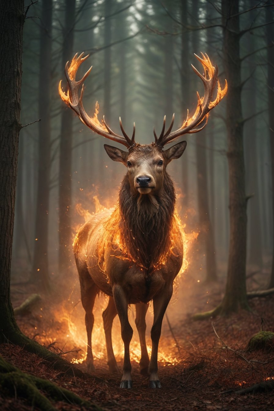 A majestic stag, its antlers adorned with flickering flames, gallops through a fiery forest, its eyes burning with an otherworldly light.