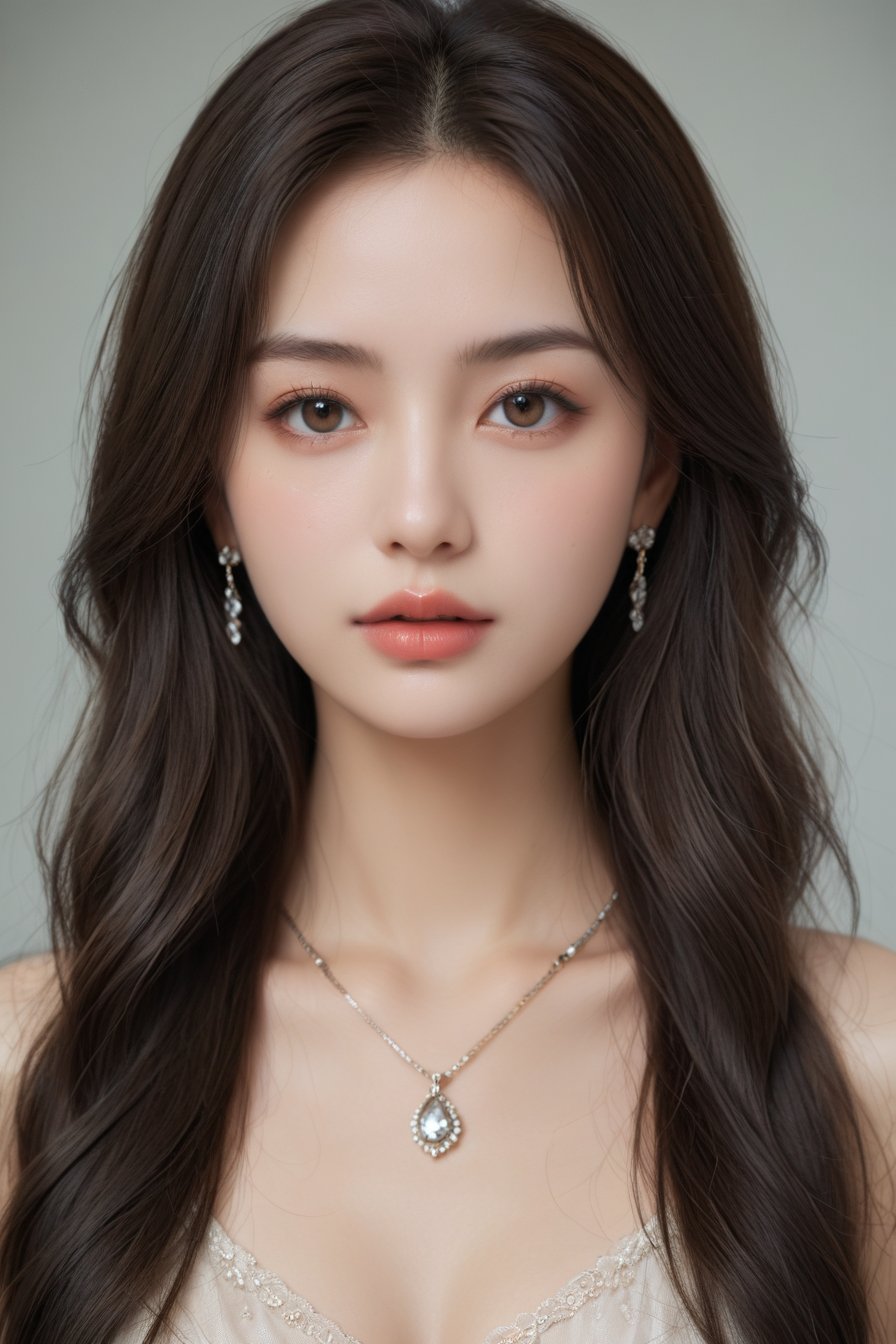 1girl, jewelry, solo, earrings, necklace, realistic, long hair, black hair, looking at viewer, brown hair, brown eyes, lips, dress, mole