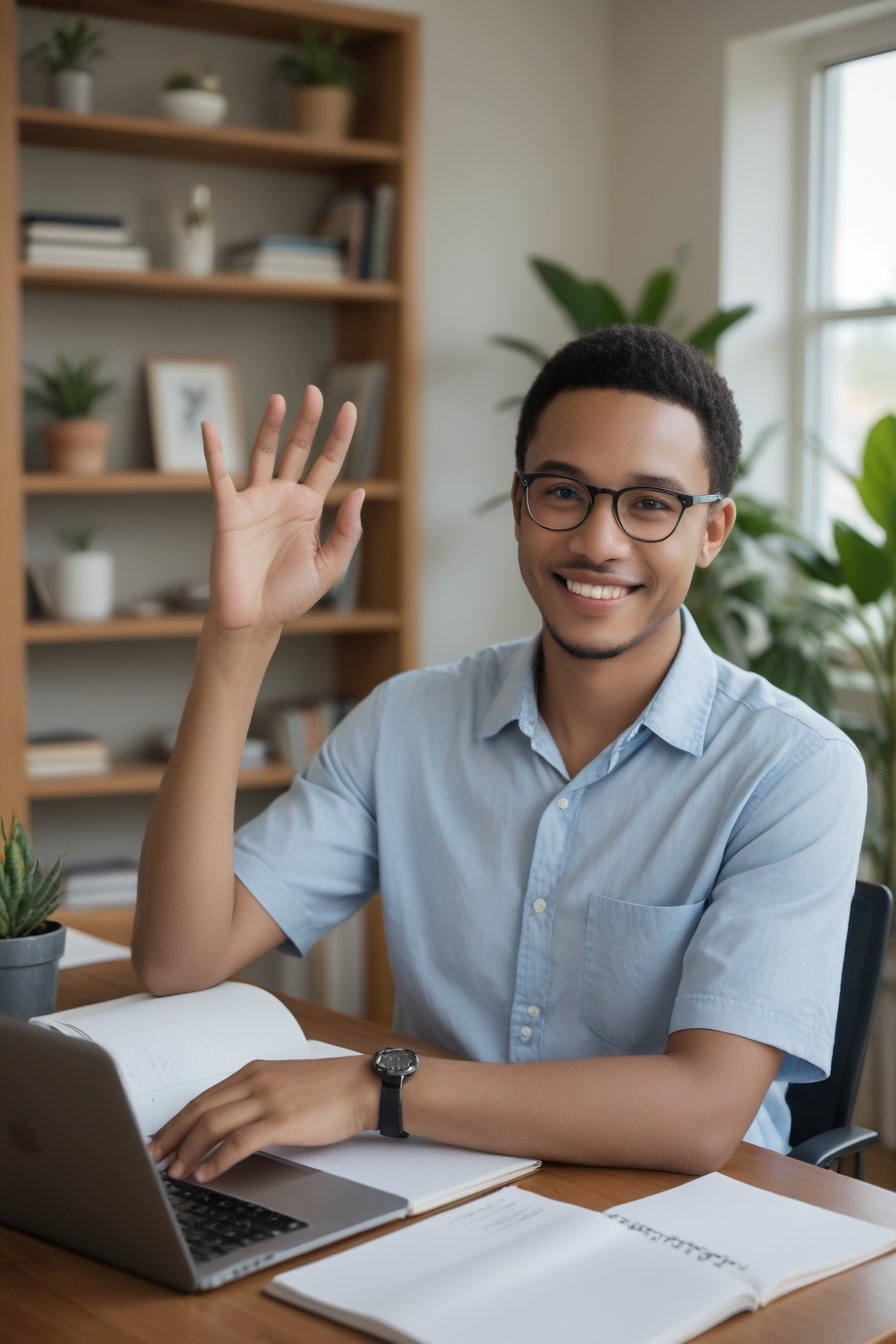 African American male,smiling,waving,eyeglasses,casual clothing,sitting at desk,laptop,home office,indoor,daylight,notebook,writing utensil,modern decor,house plants,bookshelf,natural lighting,cheerful expression,smartwatch,comfortable environment,clear focus,medium shot.,