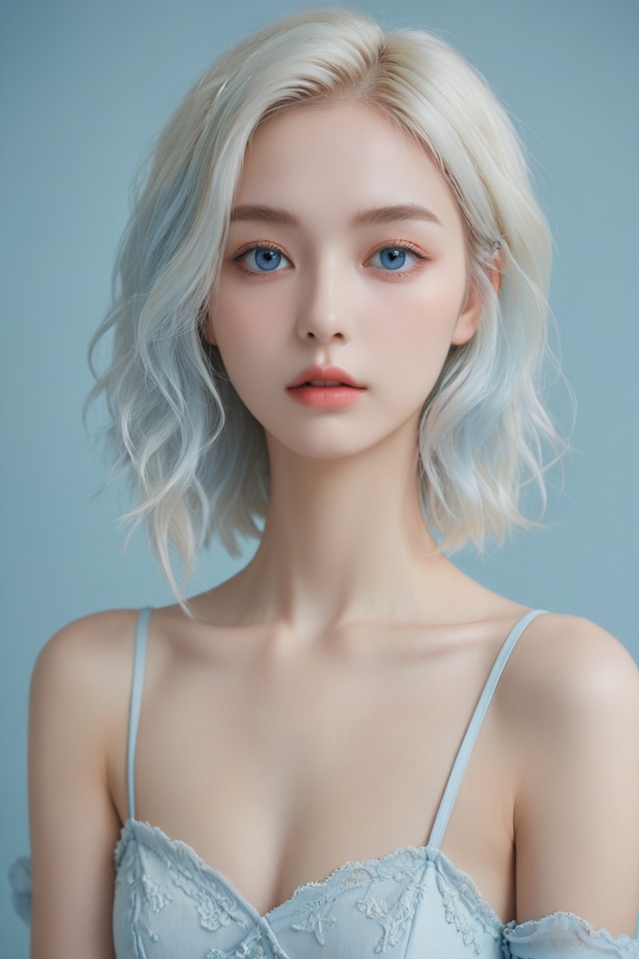 (fashion photography:1.3),(sweet:1.2),This is an image of a person with a very stylized and artistic appearance. The individual has long,(wavy hair with a mix of Bluish and white colors:1.1),which gives off a soft and whimsical vibe,possibly Bluish,. The overall aesthetic is very cute and playful,with a focus on pastel colors and a fantasy quality. The background is simple and does not distract from the subject,which is the person's face and upper body,(Short hair),masterworks,highest picture quality,Stance,side to side,