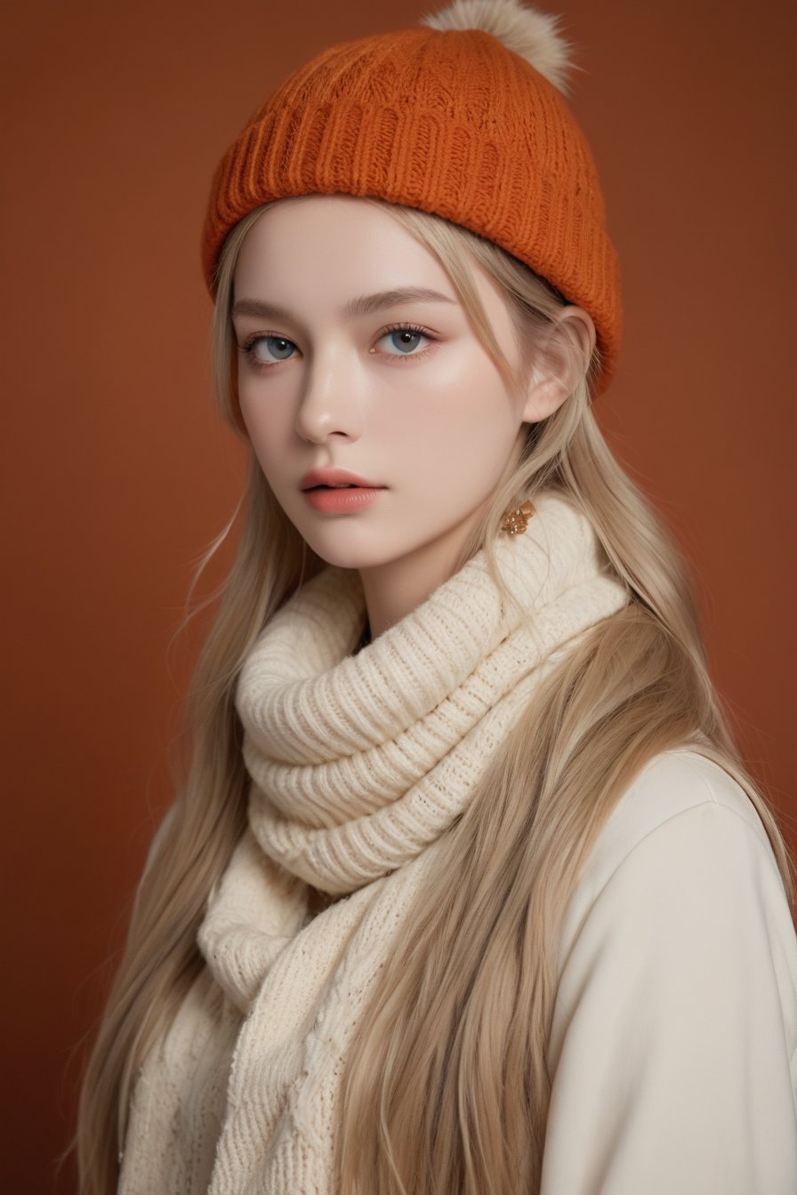 An opulent portrait by master photographer Hiroshi Sugimoto featuring 20 year old Belarusian actress Alena Blohm posed gracefully against a rich burnt orange studio backdrop, wearing an ivory cable knit Gucci Trapper hat with mink fur ear flaps and an oversized rust-colored alpaca wool fringe scarf from the 2023 Aspen collection. Captured using Hasselblad H6X with HC 2.8/100 mm lens at f/4 aperture under digitally diffused golden lighting. Alena looks subtly into the distance, gently grasping the scarf fringe while exposing her elegant neck and clavicle bone structure. Characteristic vivid yet natural color palette celebrates the luxurious textures and luminosity. Balanced composition creates a flattering fashion aesthetic.
