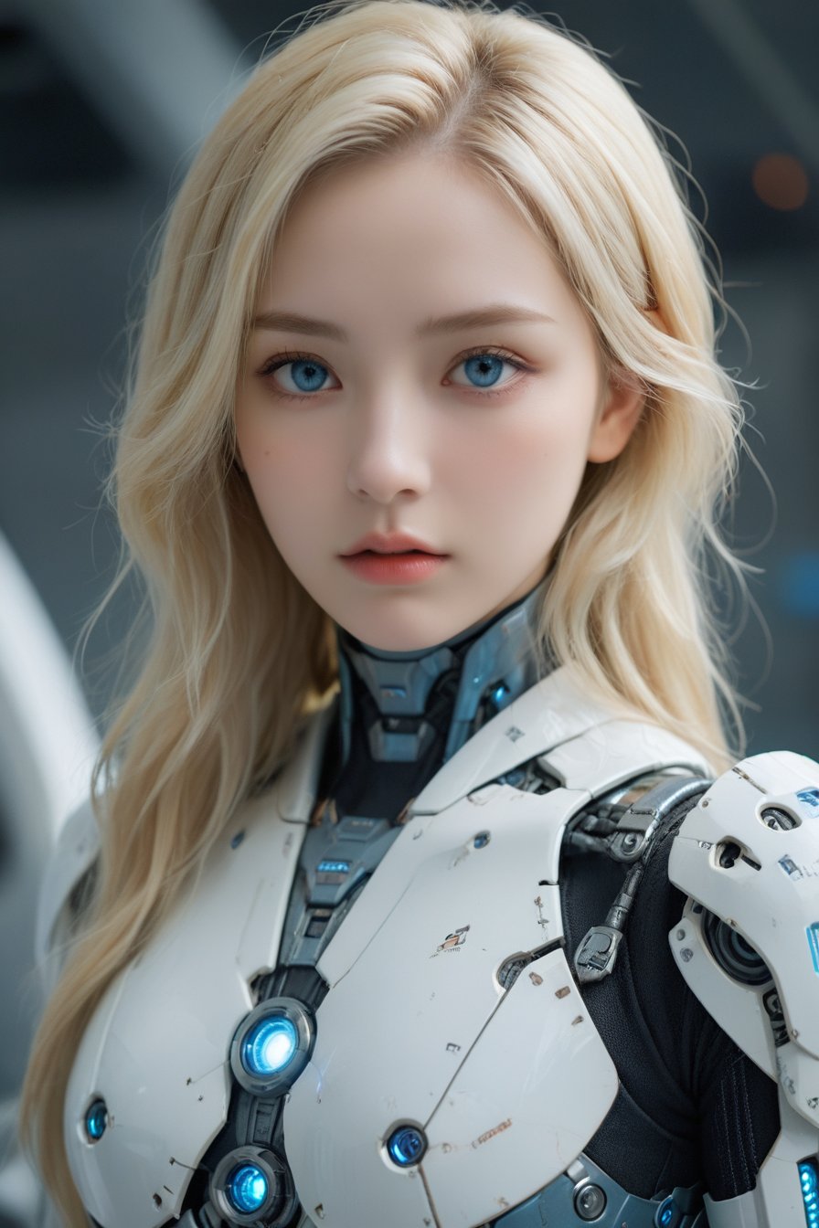A female character dressed in a futuristic white mech. She has wavy blond hair,fair skin,delicate features,and deep and determined eyes. Her face is turned slightly to the left side of the frame,and her gaze is straight ahead,giving her a confident and calm look.,
Her mech's equipment is very advanced,with a smooth surface and blue light embellishments,which enhances the sense of technology. The mech's shoulders and chest are designed with multiple glowing blue modules,which may be power sources or functional modules. The details of the mecha are also very detailed,such as the goggles,helmet,shoulder armor and other parts are very realistically depicted.,
