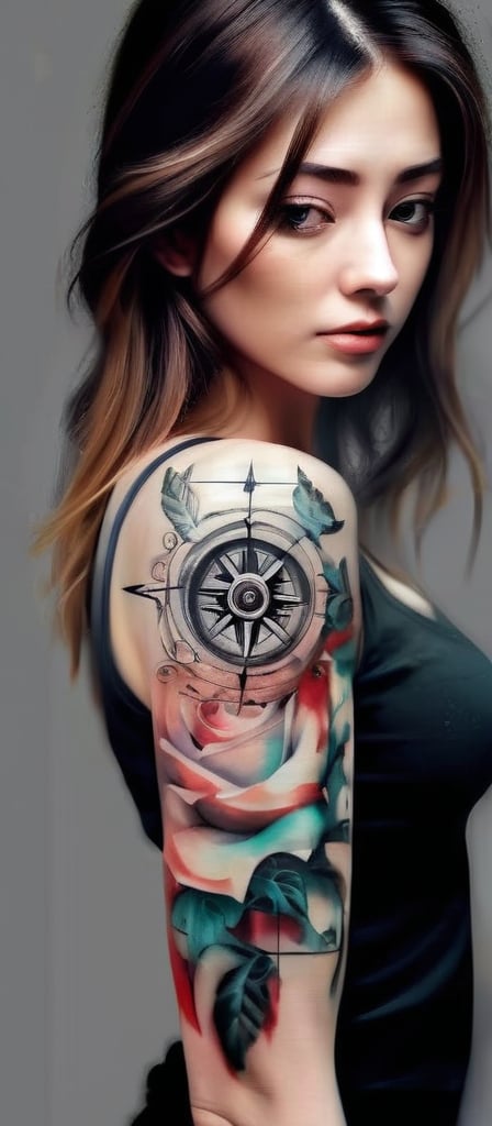 Realistic, masterpiece, high quality. A Woman with a tattoo on her arm. A beautiful rose compass tattoo.