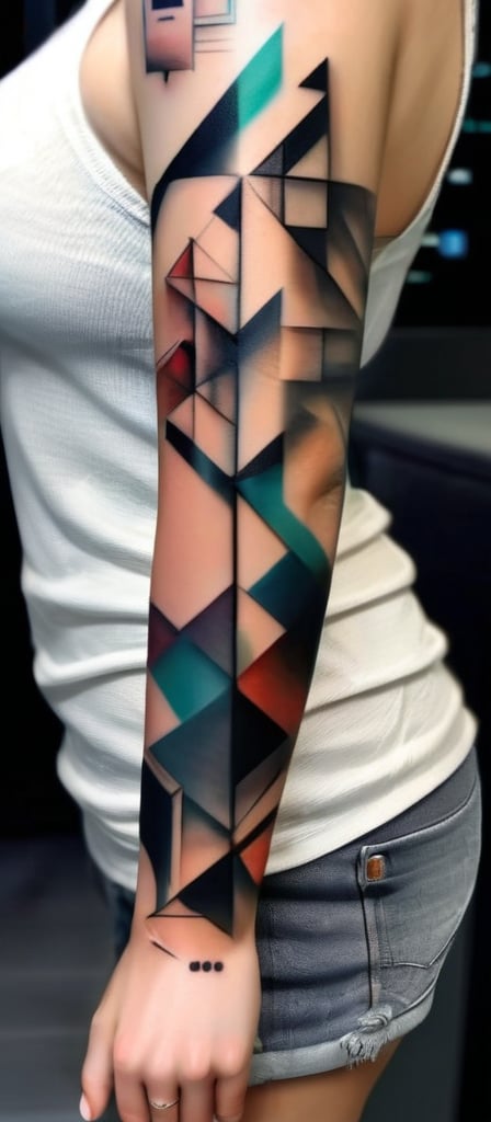 Realistic, masterpiece, high quality. A Woman with a tattoo on her arm. A beautiful geometric tattoo.