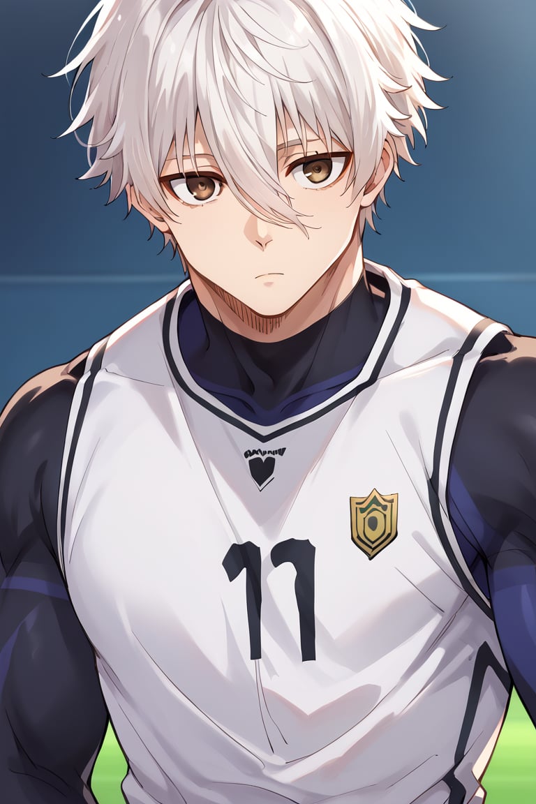 score_9, score_8_up, score_7_up, score_6_up, score_5_up, score_4_up, source_anime, BREAK, 1boy, male focus, nagi_eichirou, white hair, hair between eyes, brown eyes, muscular, soccer uniform, bodysuit, upper body, close up, looking at viewer, tight fitting, expressionless,score_9