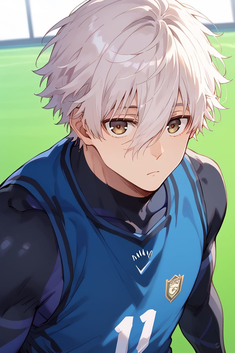 (score_9,score_8_up,score_7_up,score_6_up,score_5_up,score_4_up), best quality,masterpiece, 1boy, male focus, nagi_eichirou, white hair, hair between eyes, brown eyes, muscular, soccer uniform, bodysuit, upper body, close up, looking at viewer, tight fitting, expressionless