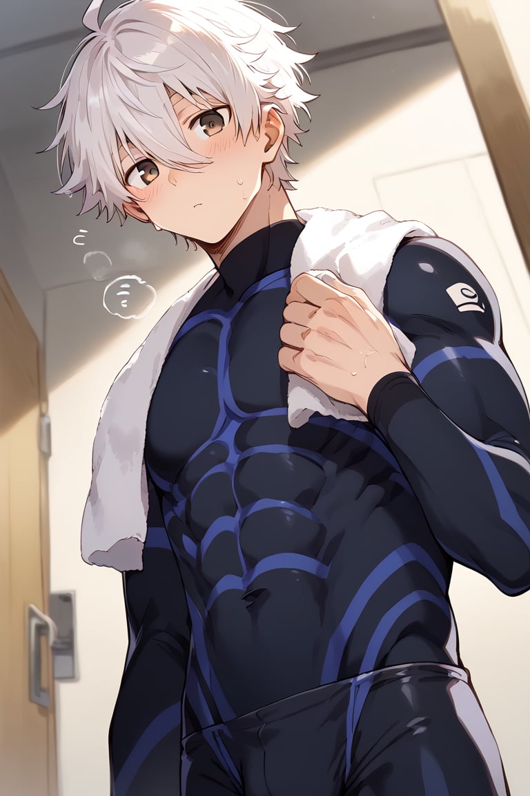 score_9, score_8_up, score_7_up, 1boy, male focus, solo, nagi seichirou, white hair, hair between eyes, brown eyes, muscular, bodysuit, bodysuit only, from below, close up, looking at viewer, blush, sweat, steam, towel, shoulder, holding towel, wedgie, bulge, tight fitting, expressionless, changing room, muscular, masterpiece, best quality