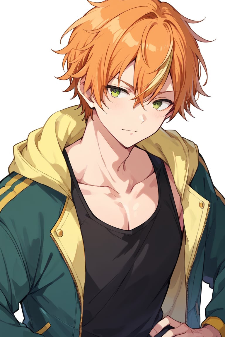 score_9, score_8_up, score_7_up, score_6_up, score_5_up, score_4_up, source_anime, BREAK, 1boy, male focus, akito, orange hair, yellow streaked hair, green eyes, looking at viewer, upper body, close up, open jacket, black tank top, muscular, hand on hip