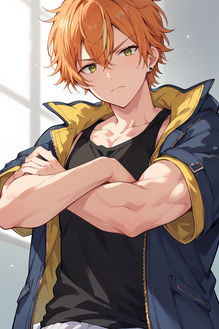 score_9, score_8_up, score_7_up, score_6_up, score_5_up, score_4_up, source_anime, BREAK, 1boy, male focus, akito, orange hair, yellow streaked hair, green eyes, looking at viewer, upper body, close up, crossed arms, open jacket, black tank top, muscular, from below,score_9