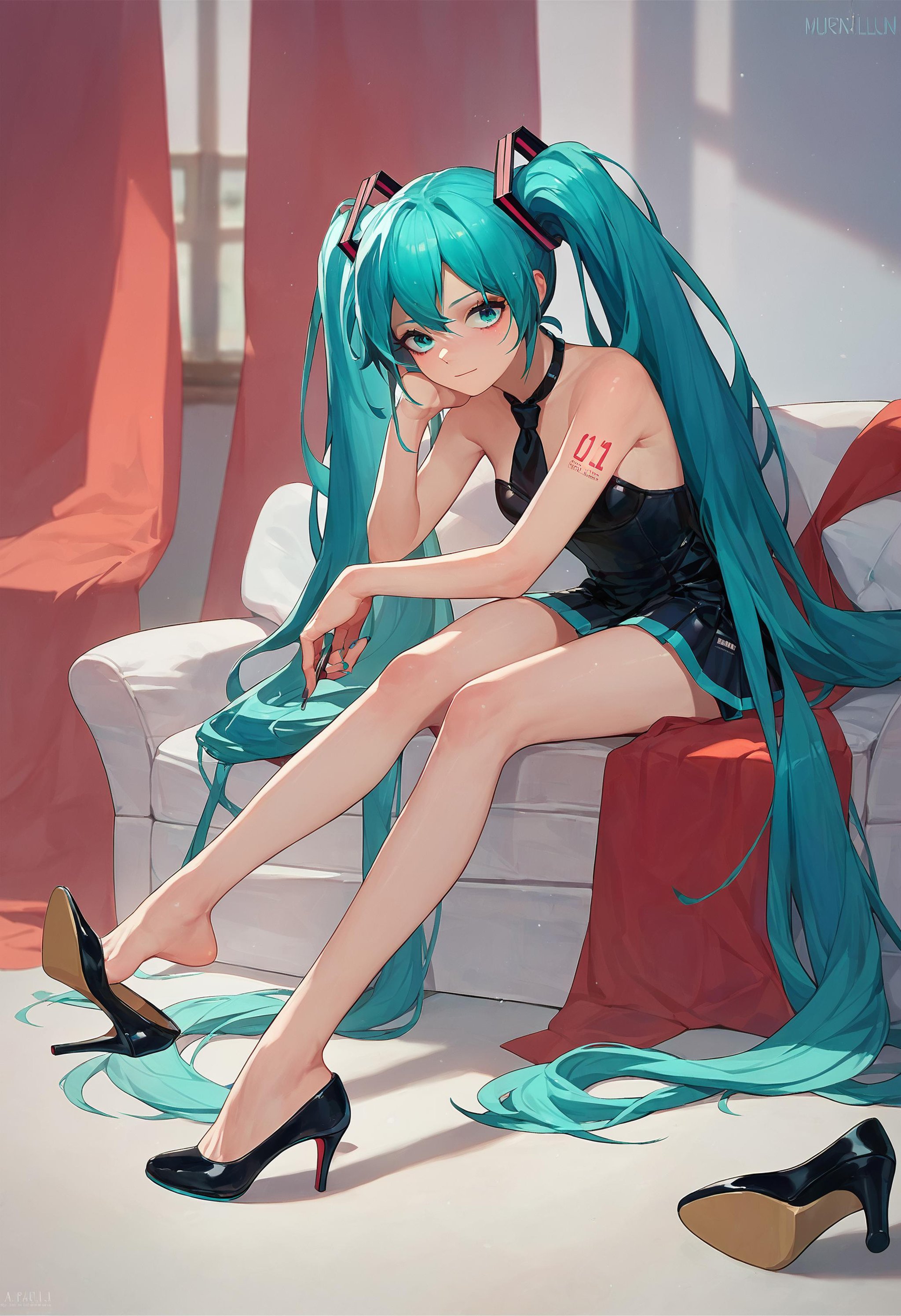 score_9_up score_8_up score_7_up, 1girl, high heels shoe dangle, sitting, hatsune miku<lora:high_heels_shoe_dangle_24re_pony_0602_final:1>