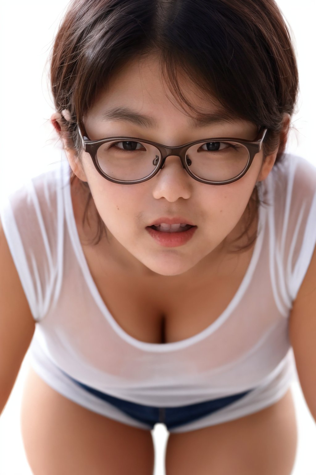 1girl, solo,glasses ,short-hair,large breasts, looking at viewer, see-through short Shorts,lips,realistic, ,negative space,white background ,beautiful face,stadning,close up,teeth