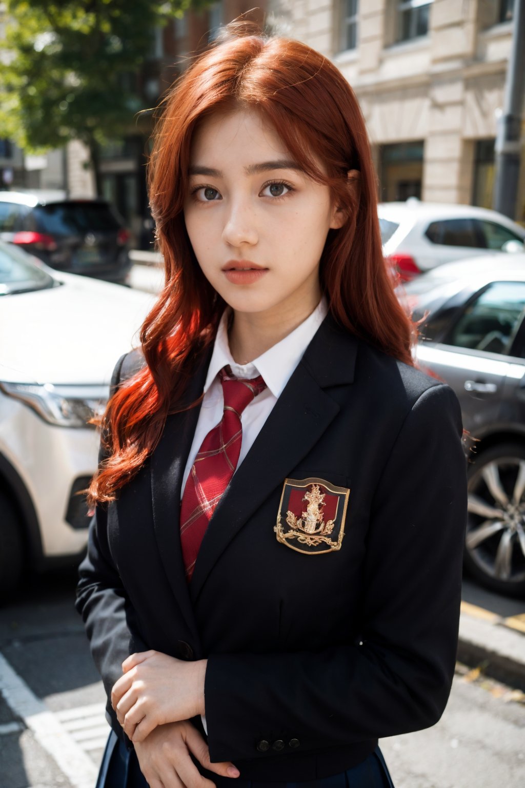 1girl, red hair, hand on own chest, school uniform,
