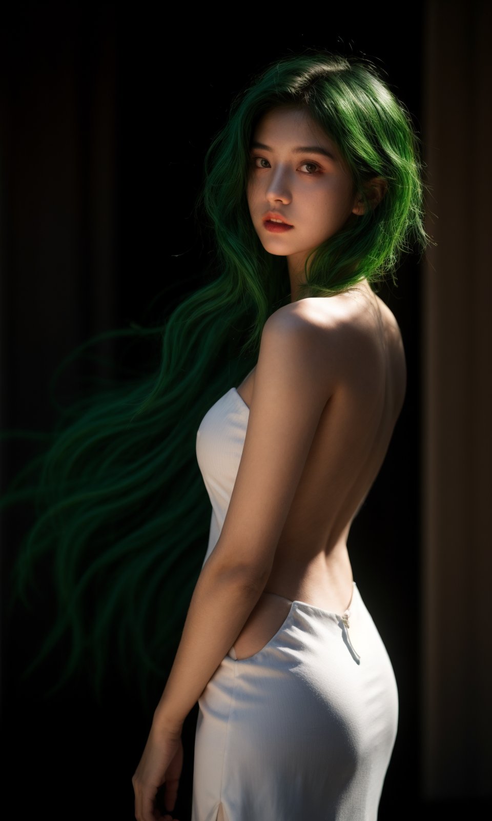 ultra wide field, ultra dynamic lighting amazing shadows, Deep photo,depth of field,shadows, hubggirl, messy hair,dark,dark photo,grainy,dimly lit,green hair,white backless_dress,