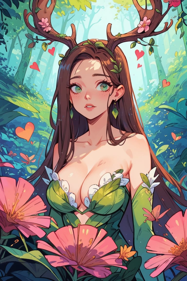 score_9, score_8_up, score_7_up, 1 girl, long hair, brown hair, tilted angle, hearts, female focus, antlers, dryad, nature,  concept art, green eyes   , expressiveH 