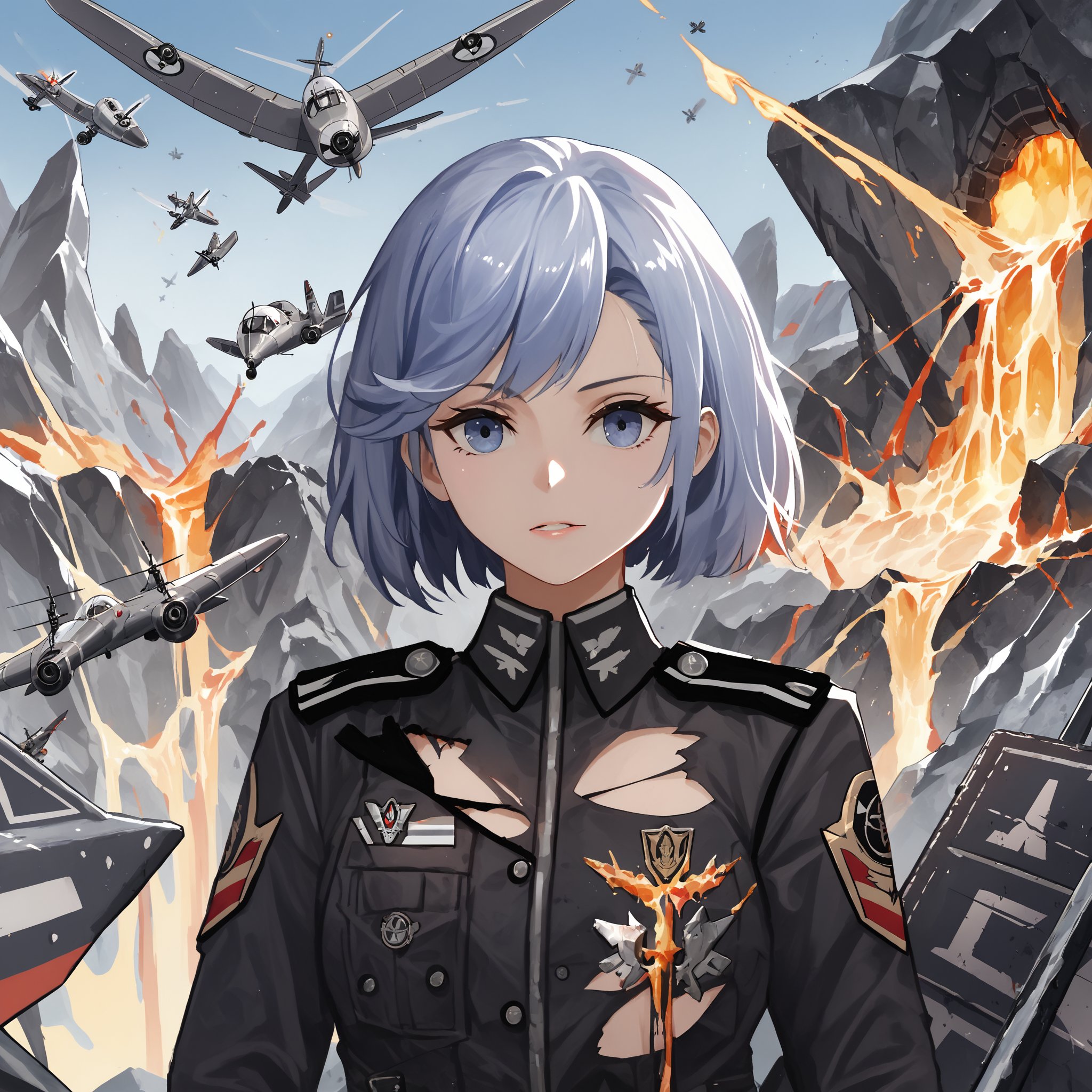 azur lane meta style, score_9, score_8_up, score_7_up, 1girl, solo, upper body, portrait, military uniform, torn clothes, BREAK flight deck, aircraft, robot, molten rock, detailed background, detailed middle ground