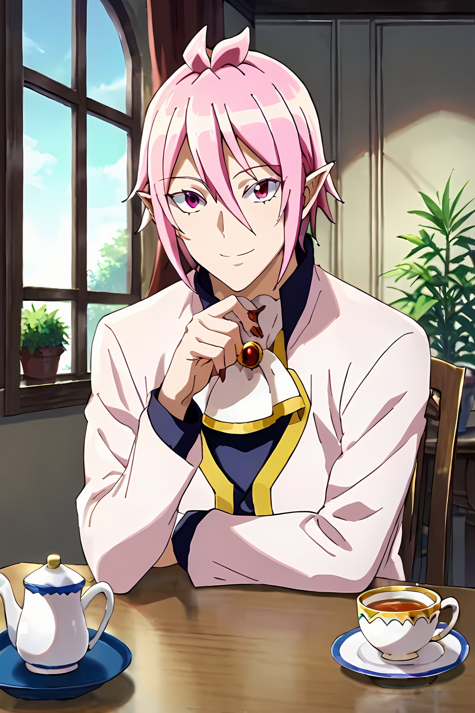 score_9,score_8_up,score_7_up,source_anime,looking at viewer, solo, 1boy, Alice Asmodeus,pink hair, pink eyes,red nails,pointy ears, smile, sitting, chair, table, tea cup set, window,Potted plants,