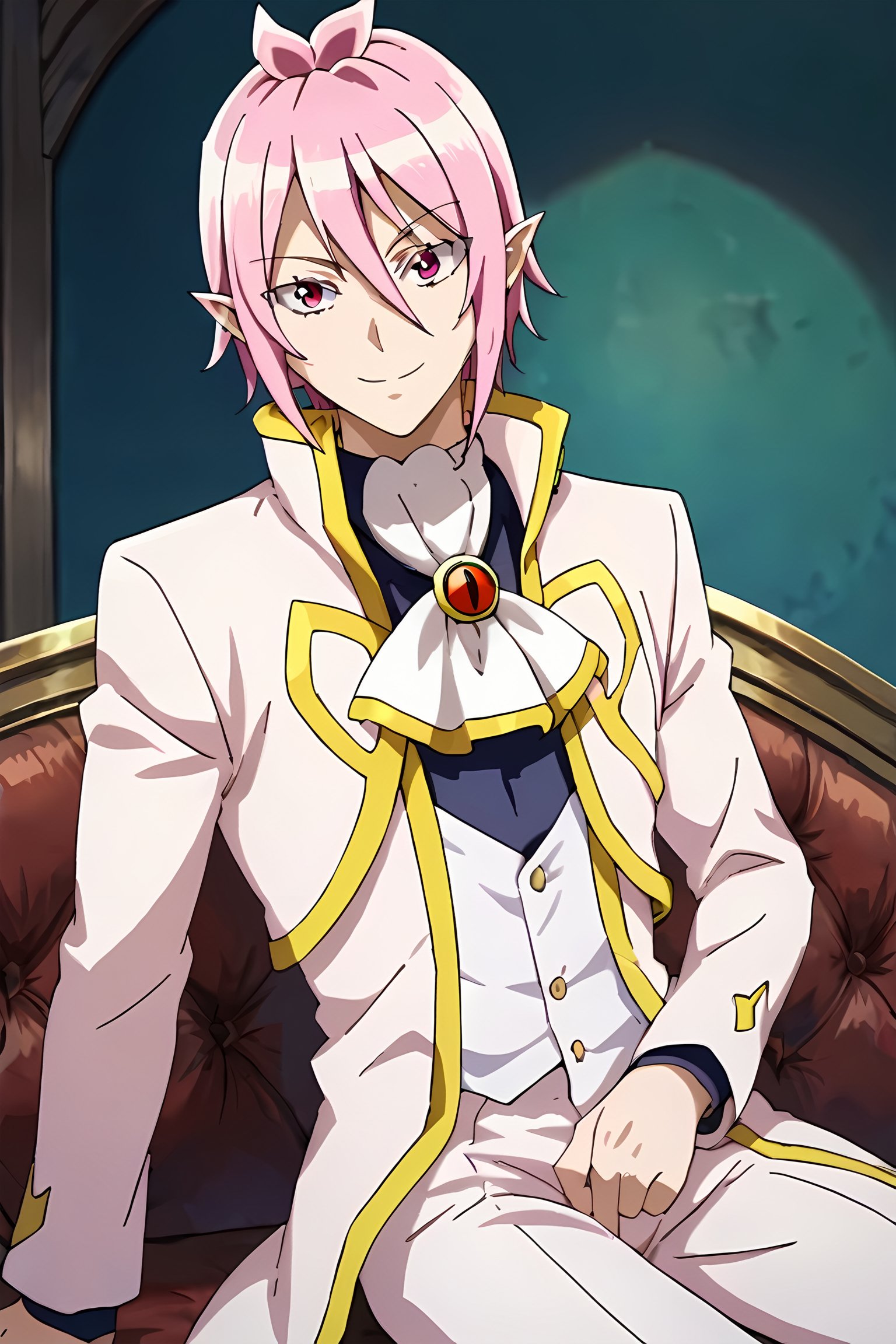 score_9,score_8_up,score_7_up,source_anime,looking at viewer, solo, 1boy, Alice Asmodeus,pink hair, pink eyes,pointy ears, smile, sitting,