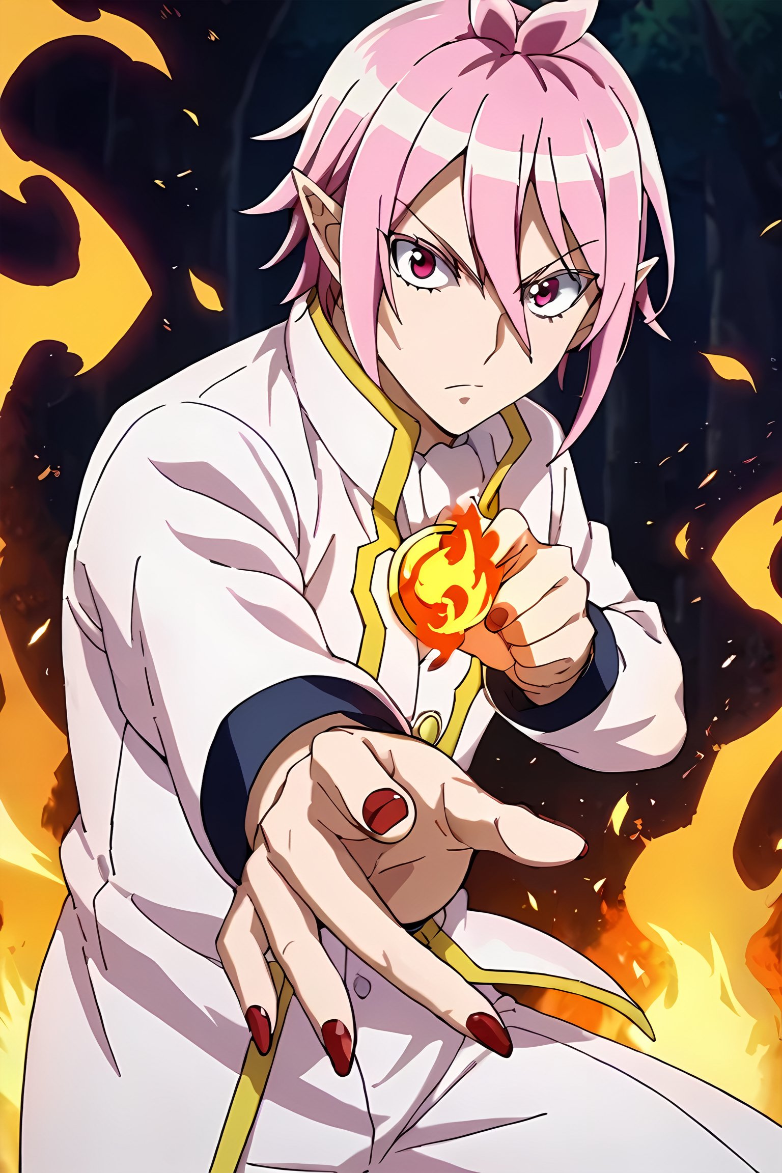 score_9,score_8_up,score_7_up,source_anime,looking at viewer, solo, 1boy, Alice Asmodeus,pink hair, pink eyes,red nails,pointy ears, fire,  fire on hand, fighting pose,