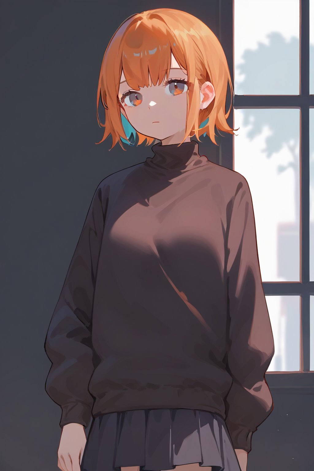 score_9_up,score_8_up, source_anime,solo,1girl

 Orange hair,expressionless,one_hand_raised,Nira-Chan-StudyMe,skirt,sweater,