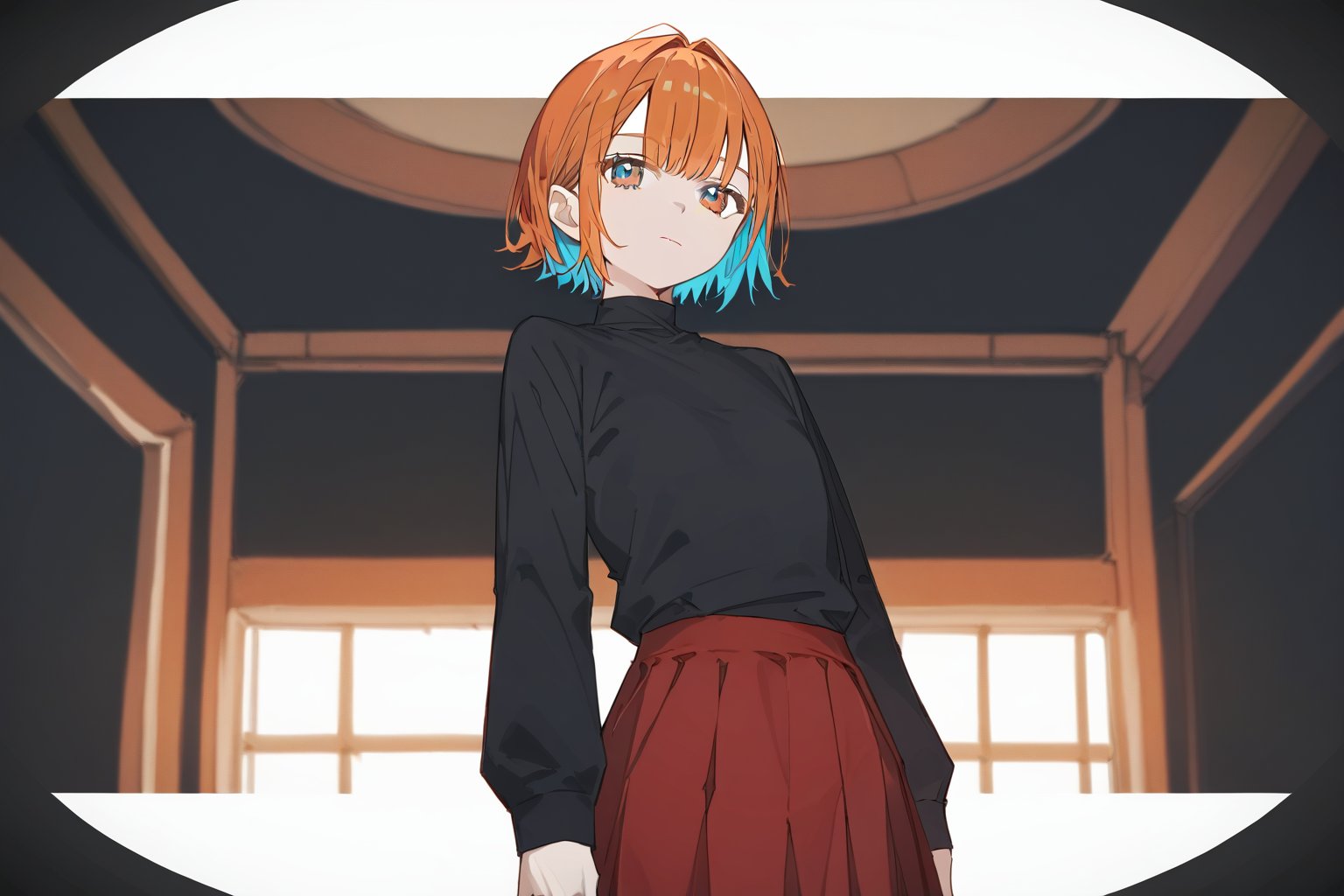 score_9_up,score_8_up, source_anime,solo,1girl,black_background,

,short hair, bangs, blue eyes,orange eyes, orange hair,brown hair, long sleeves, blue hair, multicolored hair, black shirt, skirt, red skirt,closed_mouth,(half closed eyes:0.6), flat_chest,room,cowboy_shot