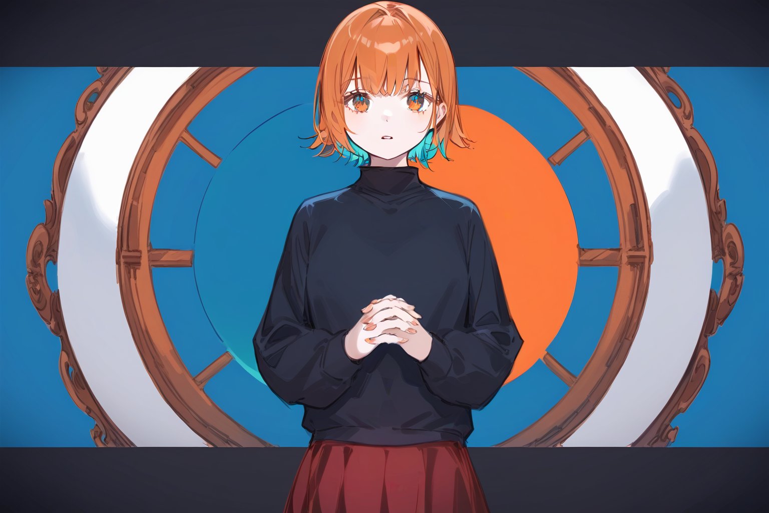 score_9_up,score_8_up, source_anime,solo,1girl,(cyan_background),

short hair, bangs, blue eyes,orange eyes, orange hair, long sleeves, orange background, blue hair, multicolored hair, parted lips, sketch, black shirt, own hands together, interlocked fingers, own hands clasped,skirt,red skirt, 