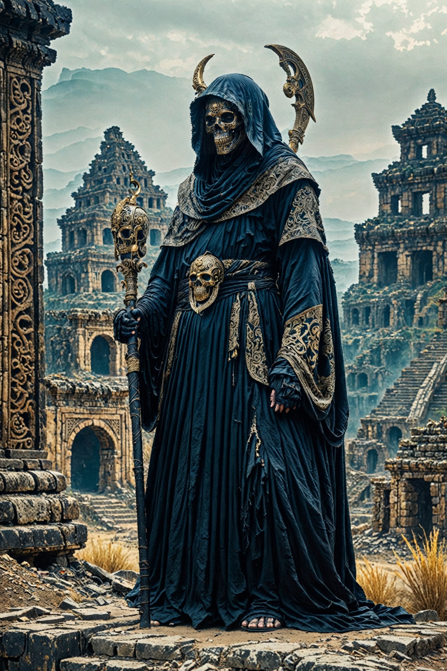A mysterious figure draped in a dark, ornate robe with intricate designs. The figure wears a hood that conceals most of their face, revealing only a skull-like mask. They are holding a staff with a unique design at the top, and another object resembling a curved blade or scythe in their other hand. The background depicts a desolate landscape with ruins of ancient structures, possibly a city or fortress. The atmosphere is misty, adding to the eerie and foreboding ambiance of the scene.