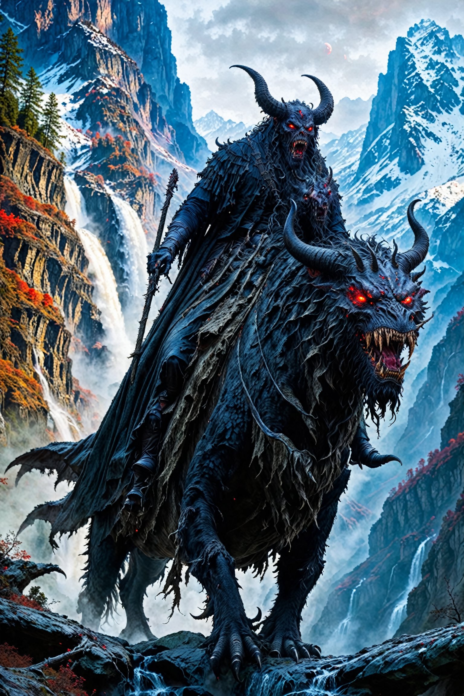 A menacing figure, possibly a demon or a mythical creature, riding a beast with glowing red eyes. The creature has large, curved horns and is draped in tattered, dark clothing. The backdrop is a rugged mountainous terrain with snow-capped peaks, dense forests, and cascading waterfalls. The atmosphere is misty and eerie, suggesting a cold, possibly haunted, environment.