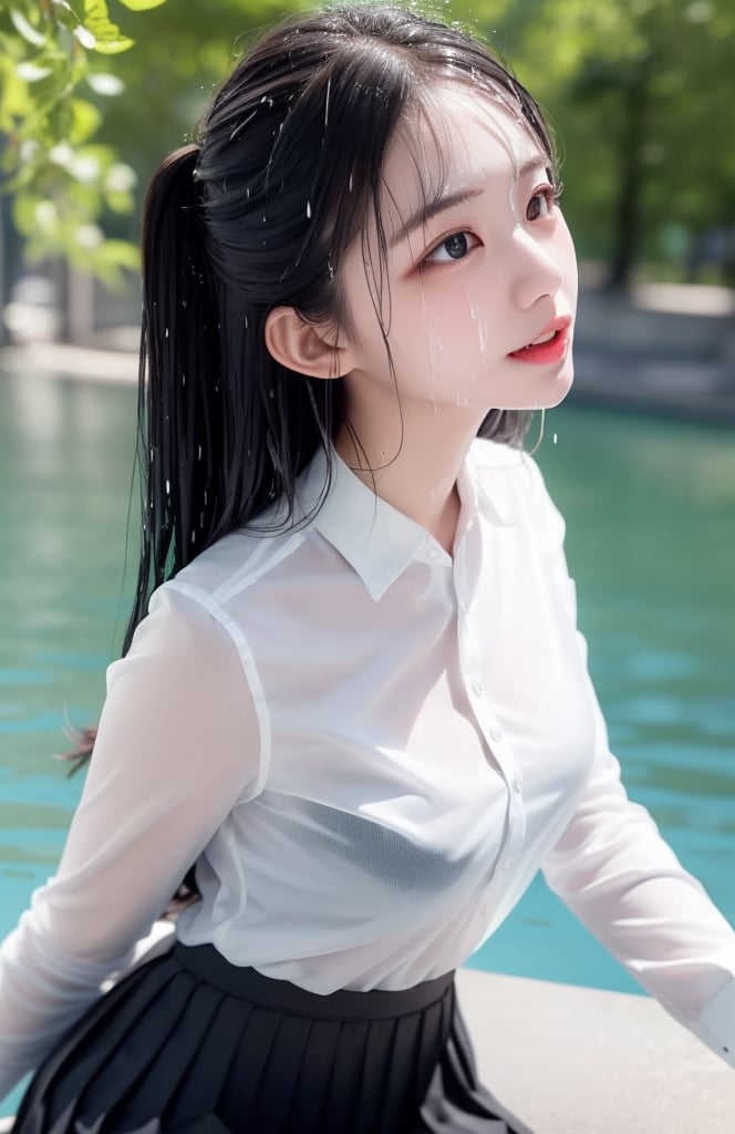 1 young student with beautiful face, in university, dynamic, sexy posture, wearing student uniform, (white shirt:1.1), (black pleated skirt:1.1), (see-through:1.3), (wet, sweating:1.2), youthful, campus background, half side view, look at viewer, solo, masterpieces, best quality, high resolution, bright scene, rich color, low contrast,