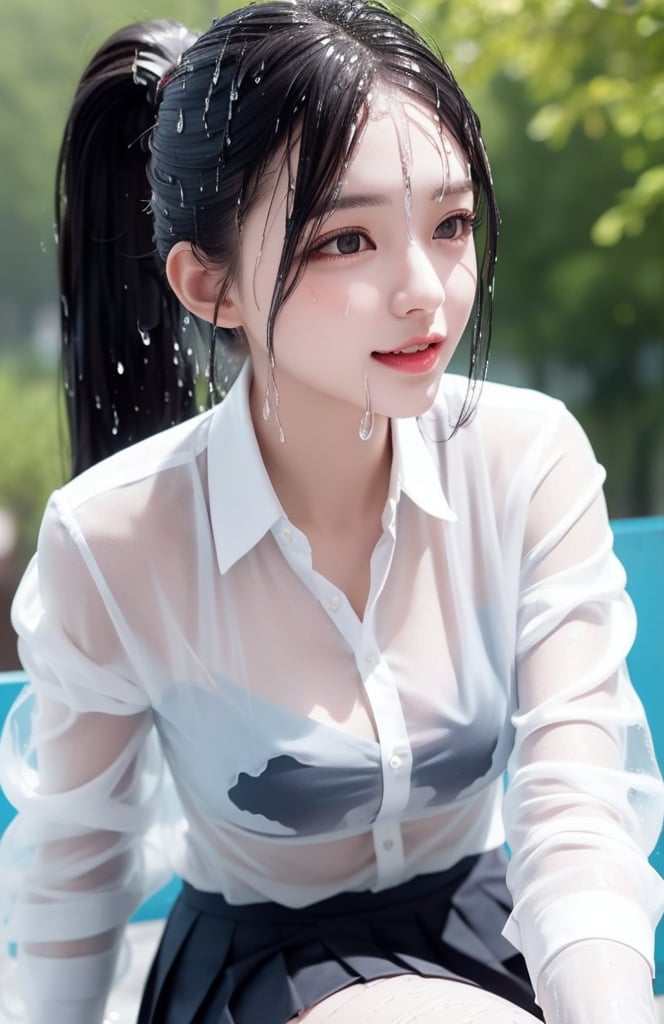 1 young student with beautiful face, in university, dynamic, energetic posture, wearing student uniform, (white shirt:1.1), (pleated skirt:1.1), (see-through:1.5), legs spread, (wet:1.4), youthful, ponytail, campus background, solo, masterpieces, best quality, high resolution, bright scene, rich color, low contrast,