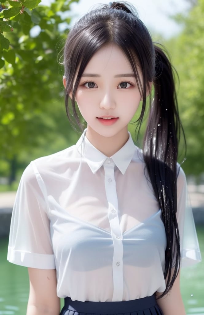 1 young student with beautiful face, in university, dynamic, sexy posture, wearing student uniform, (white shirt:1.1), (pleated skirt:1.1), (see-through:1.3), (wet, sweating:1.1), youthful, ponytail, campus background, solo, masterpieces, best quality, high resolution, bright scene, rich color, low contrast,