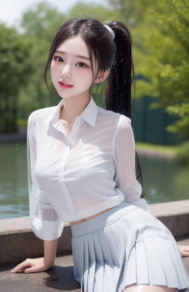 1 young student with beautiful face, in university, dynamic, sexy posture, wearing student uniform, (white shirt:1.1), (pleated skirt:1.1), (see-through:1.3), (wet, sweating:1.1), youthful, ponytail, campus background, solo, masterpieces, best quality, high resolution, bright scene, rich color, low contrast,